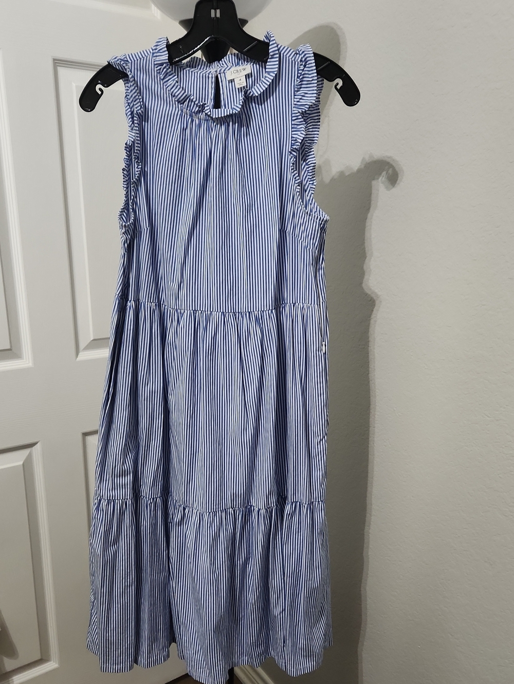 J.Crew Tiered Flounce Searsucker Blue/ White Stripe Ruffle Sleeveless Dress Sz 4